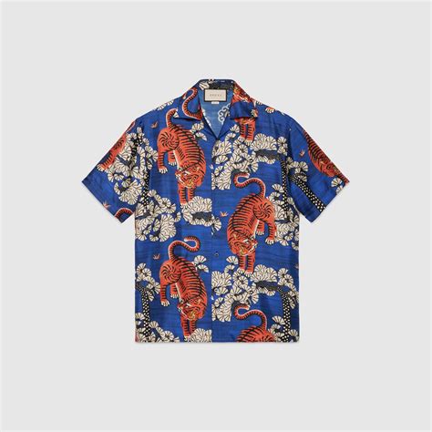 gucci bengal print silk bowling shirt|Gucci print silk bowling shirt.